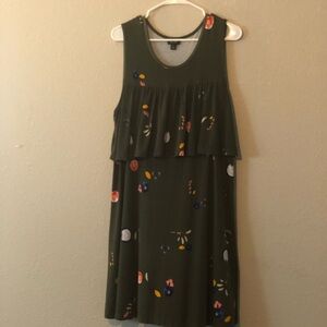 a.n.a. dress is a sleeveless, olive green shift dress with a layered ruffle